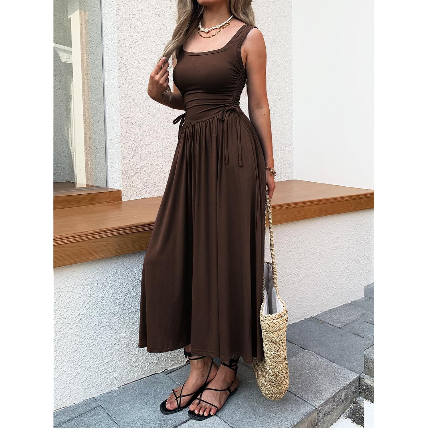 Mieazom Women’S Boho Summer Maxi Dress With Pockets, Adjustable Waist, Sleeveless Casual Ruched Sundress For Beach Vacation