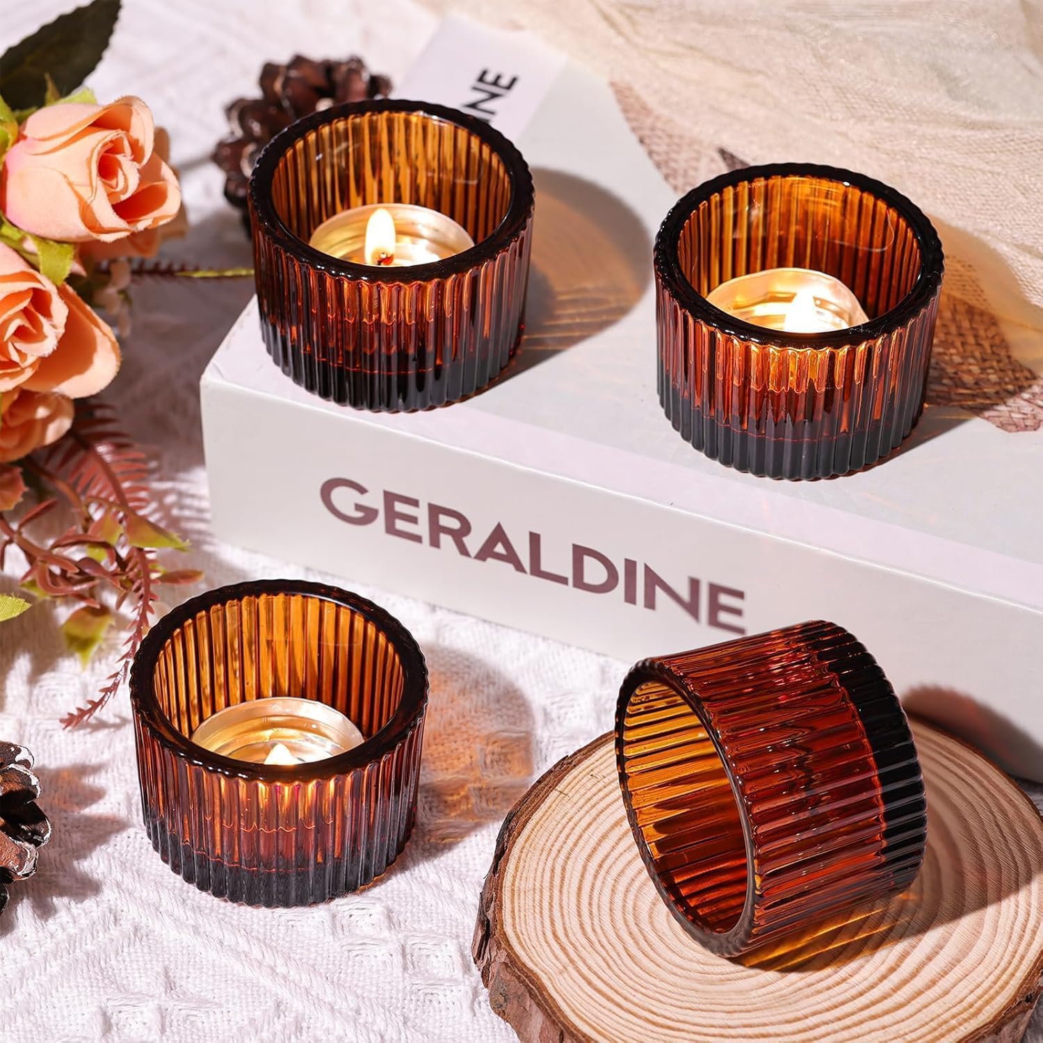HAVITI 18 Pcs Amber Tealight Candle Holders with 18PCS Tealights, Glass Votive Candle Holders Set for Table Centerpiece, Home Decor and Party Supplies