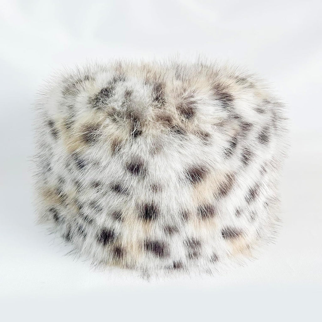 Women's Faux Fur Hat for Winter, Furry Cossack Russian Style Leopard Printed Warm Beanie Cap