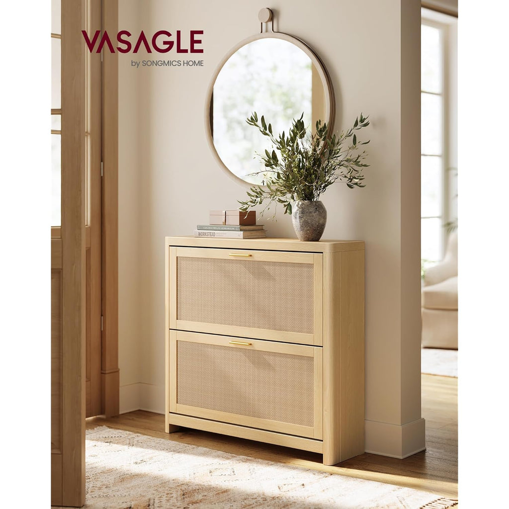 VASAGLE ELLAN Collection - Boho Shoe Storage Cabinet for Entryway Slim, Entry Shoe Cabinet with Rattan-Look Flip Drawers, Rounded Corners, Narrow for Entrance, Oak Beige UHSC601YC01