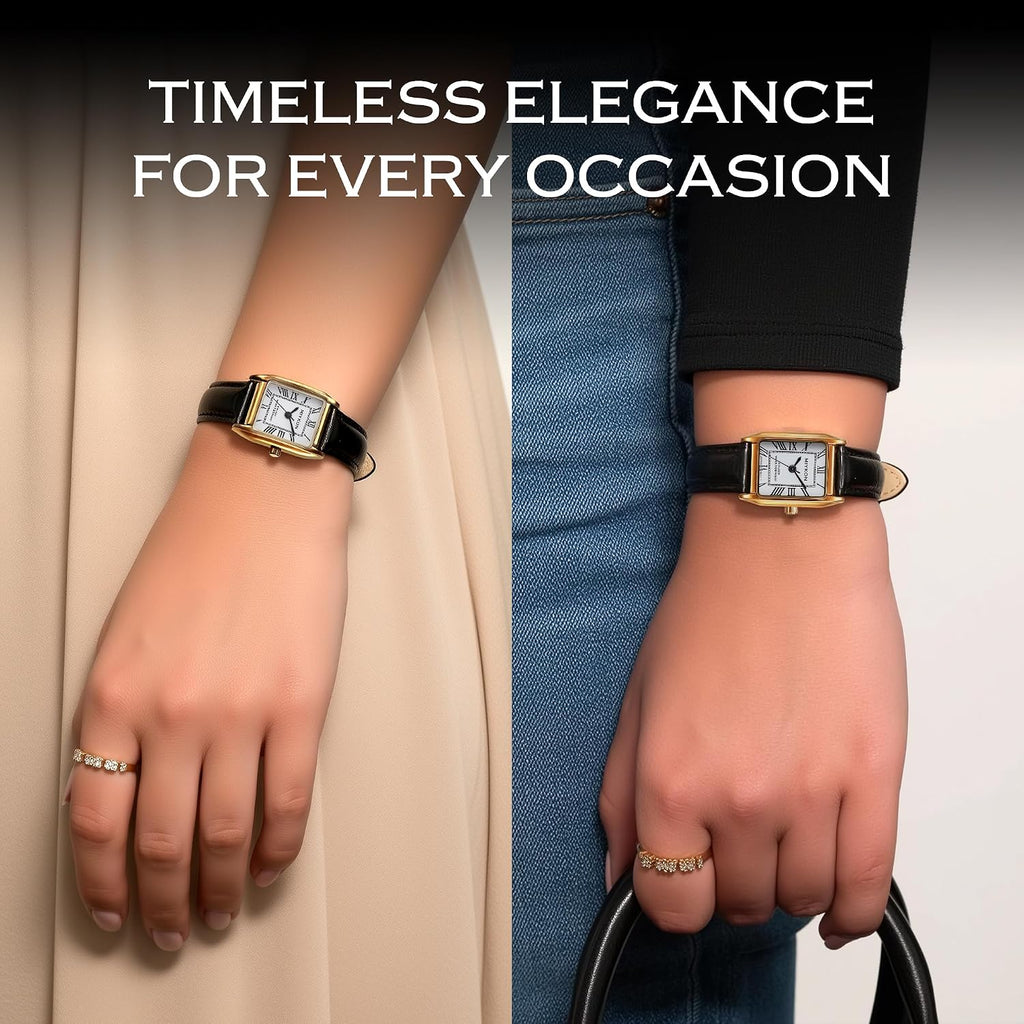 Miykon Dainty Vintage Tank Square Dress Watches For Women – Genuine Leather Band, Second Hand, Japanese Quartz, Water Resistant