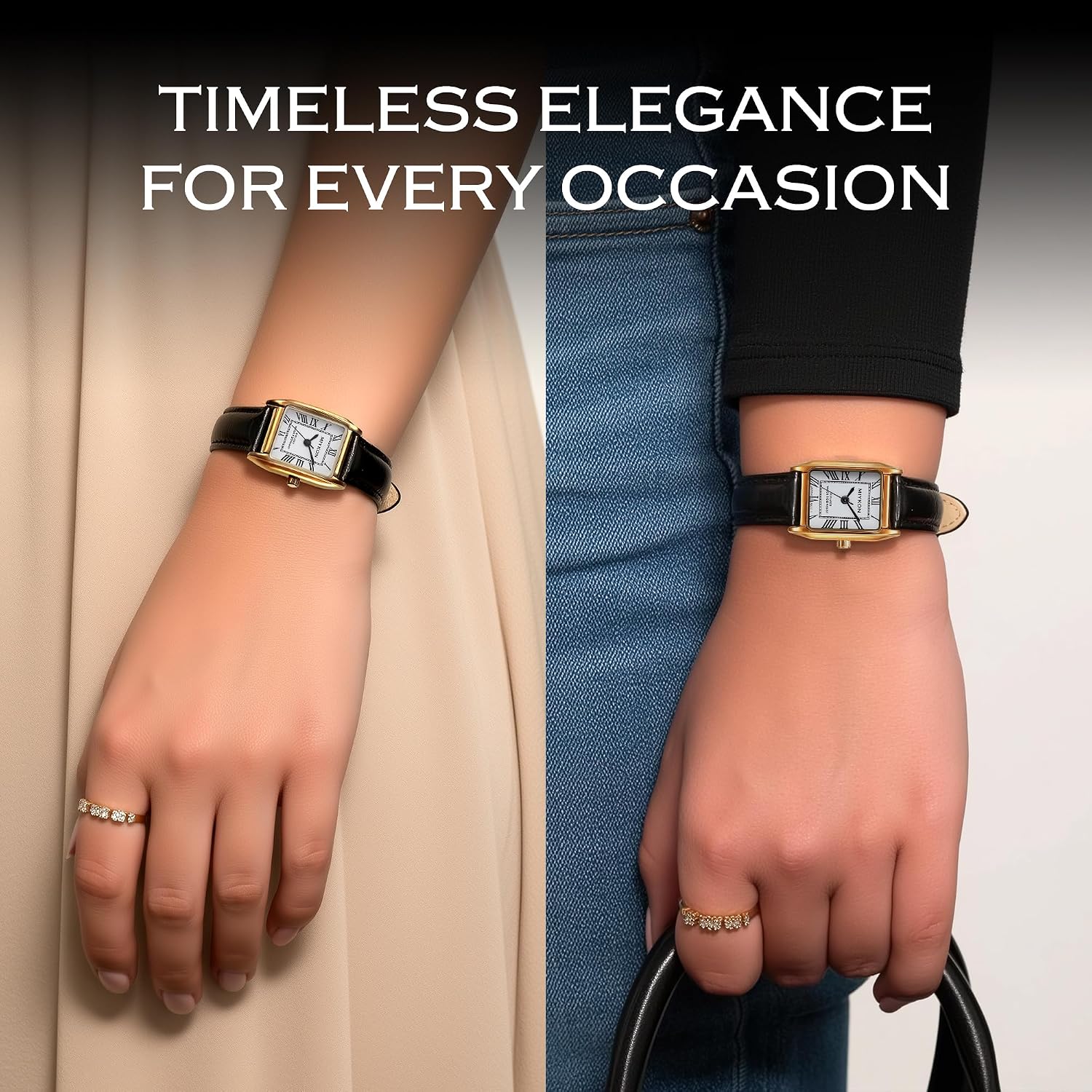 Miykon Dainty Vintage Tank Square Dress Watches For Women – Genuine Leather Band, Second Hand, Japanese Quartz, Water Resistant