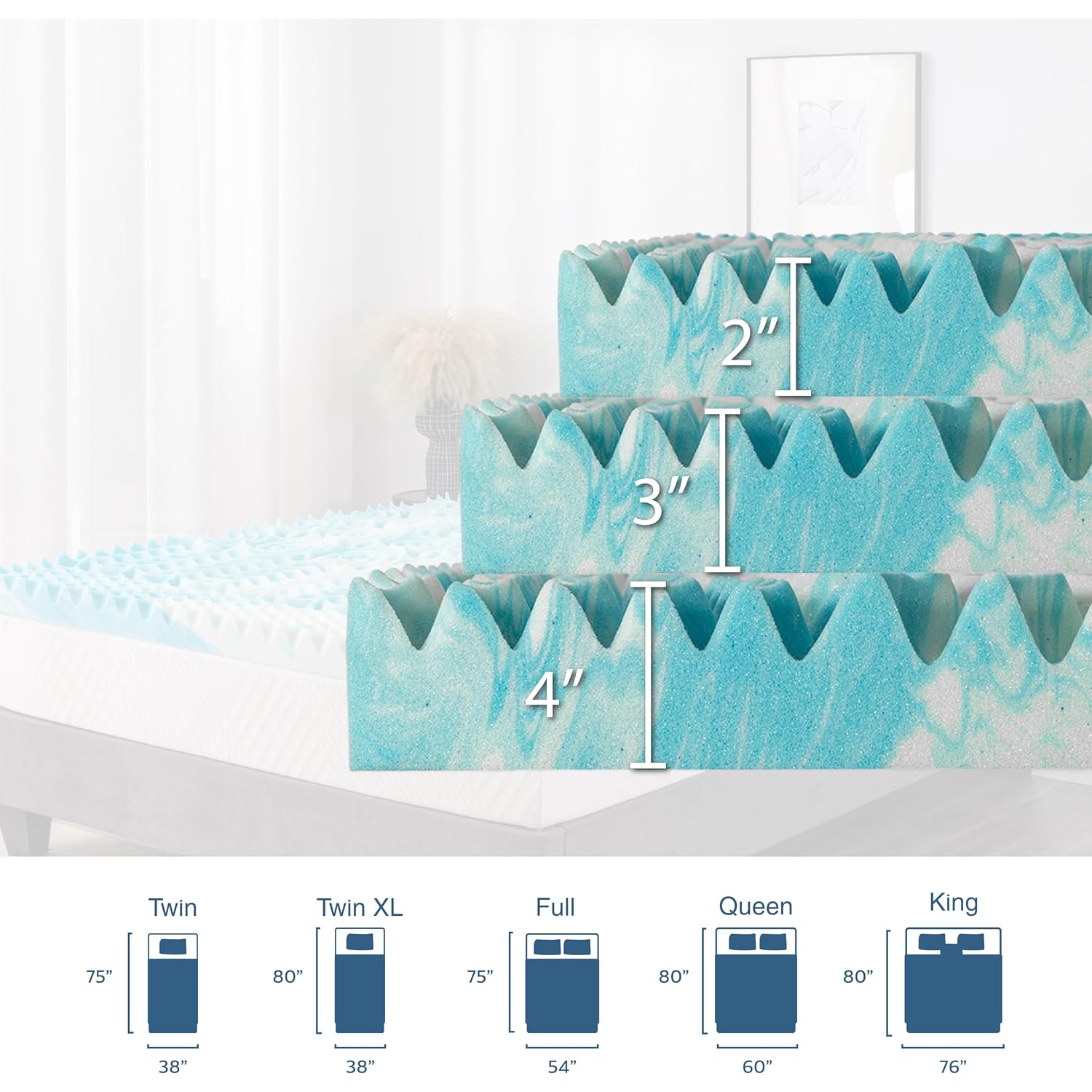 2 Inch 5-Zone Queen Memory Foam Mattress Topper, Gel Infused Foam Mattress Topper For Pressure Relief, Certipur-Us Certified Queen Bed Topper,Blue, 60"×80"