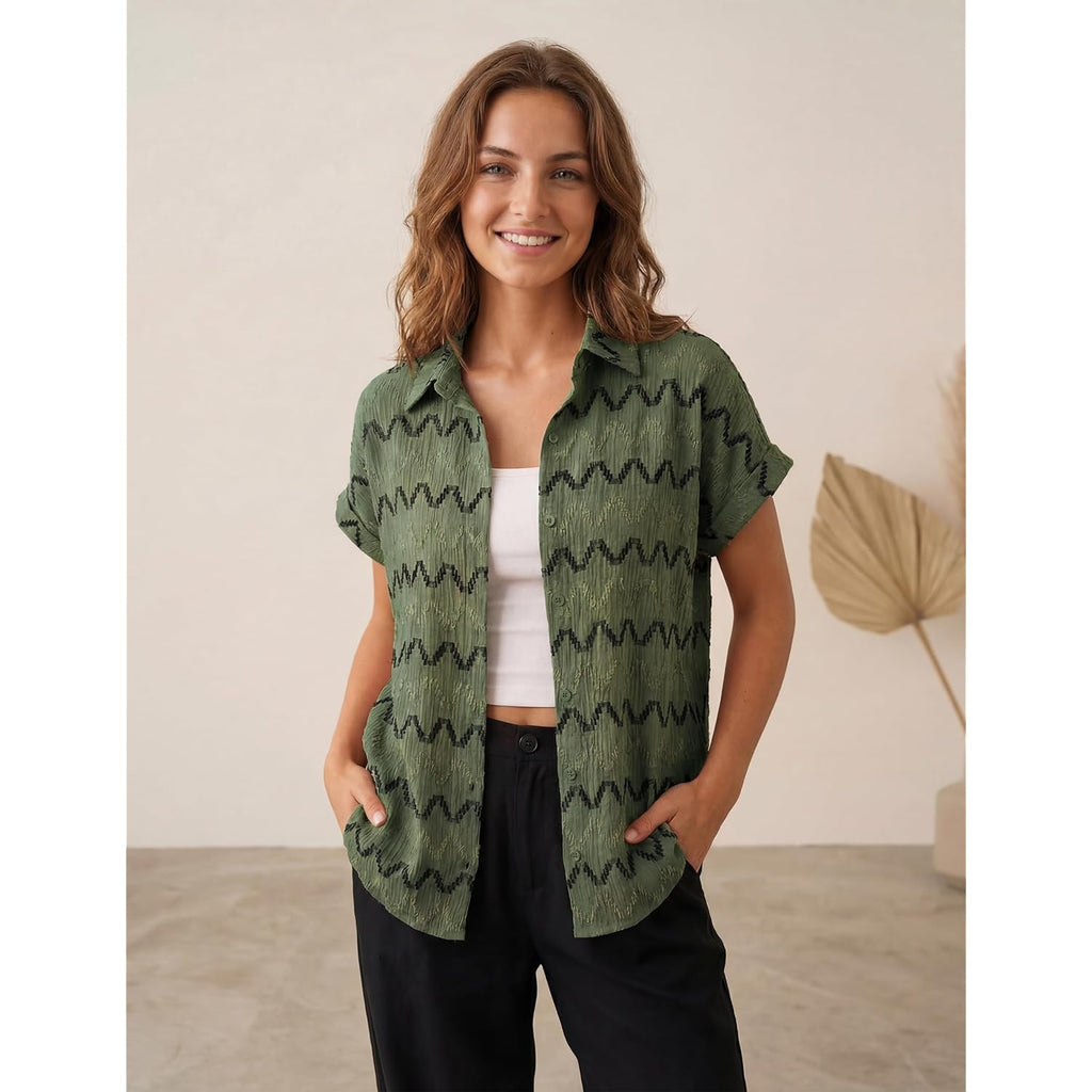 Blooming Jelly Women Casual Summer Button Down Blouse Textured Chevron Print Flowy Elegant Short Sleeve Shirt With Embroidery