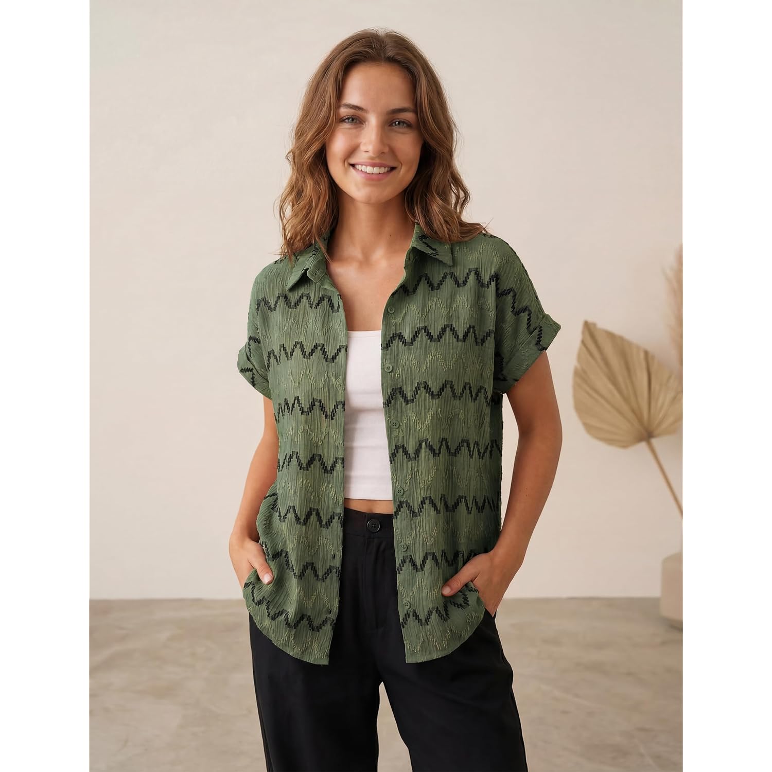 Blooming Jelly Women Casual Summer Button Down Blouse Textured Chevron Print Flowy Elegant Short Sleeve Shirt With Embroidery