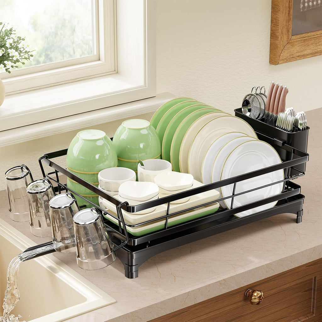 Simple Trending Dish Drying Rack For Kitchen Counter, Stainless Steel Dish Rack, Large Dish Drainer Organizer With Cutlery Holder & Cup Holders, Black