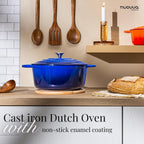 Nuovva Enamelled Cast Iron Dutch Oven Pot with Lid-6.4 Quart Non Stick Casserole Pot-Heavy Duty & Oven Safe up to 500° F for Bread Baking, Braising, Stews, Roasting - 28cm Dark Blue