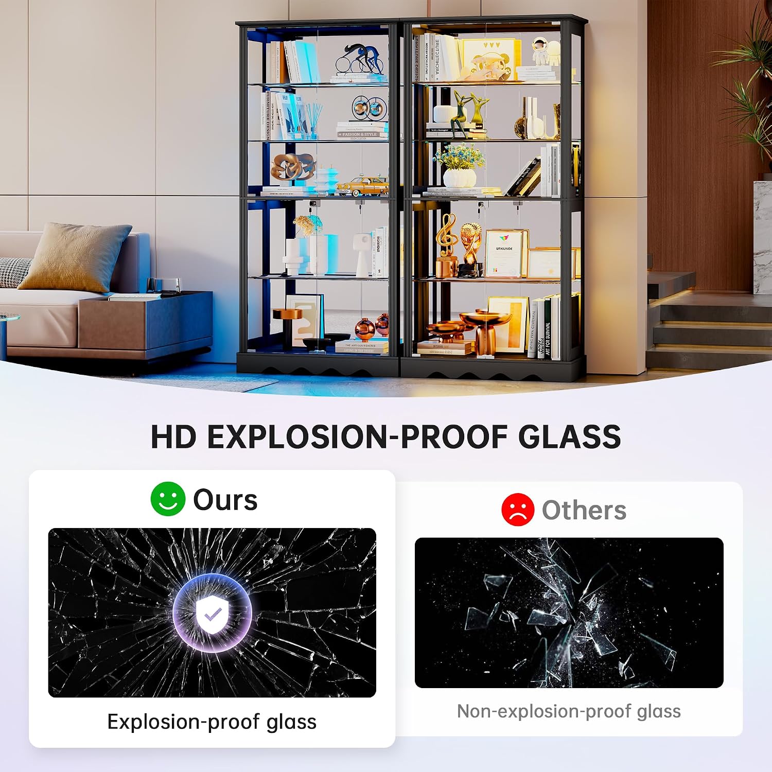 Dystler Display Cabinet With Glass Doors, Rgb Lights For Collectibles | 71'' Tall With Adjustable Shelves, Human Sensor Led Lighting Curio Cabinet, Black