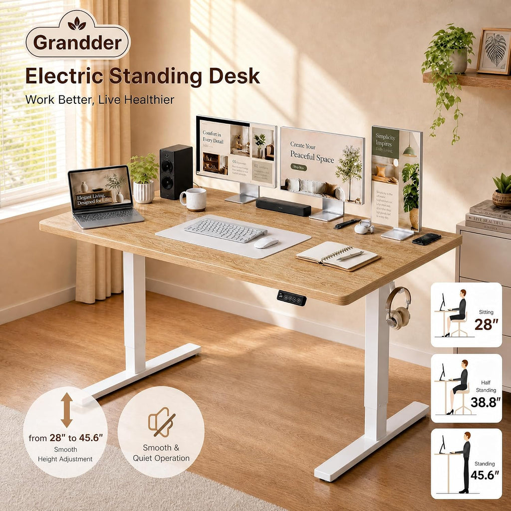 55X32 Extra-Deep Electric Standing Desk, Wide Desktop Fits 49" Ultrawide Monitor+Dual Screens, 176 Lbs Capacity, 2 Memory Presets, Anti Collision, Computer Desk For Home Office & Gaming, Oak
