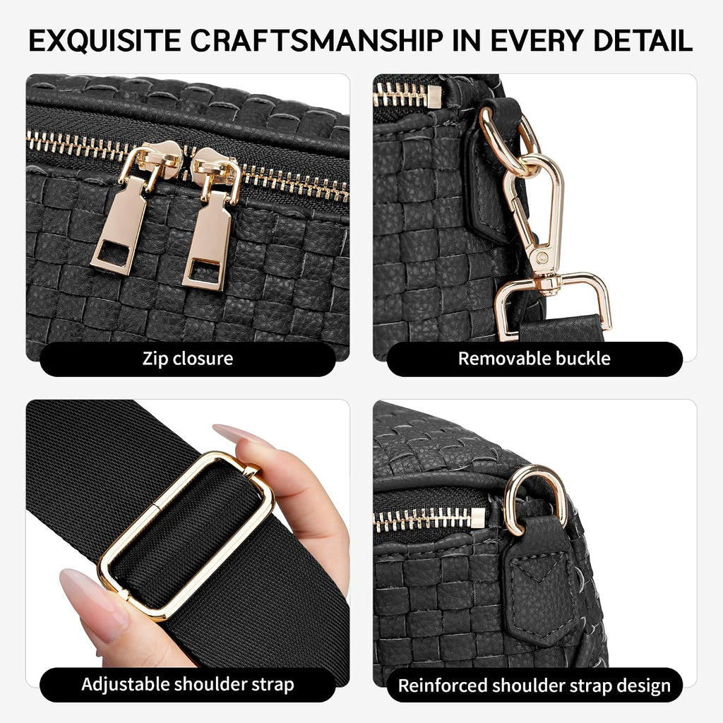 Fodoko Woven Crossbody Bag For Women Woven Leather Bum Bags Checkered Cross Body Bags With Zipper