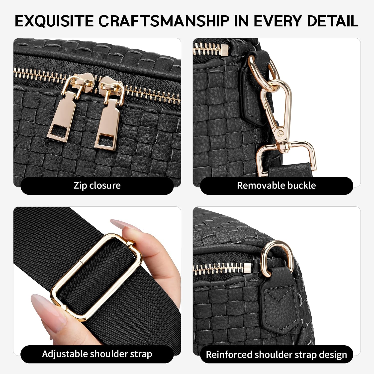 Fodoko Woven Crossbody Bag For Women Woven Leather Bum Bags Checkered Cross Body Bags With Zipper