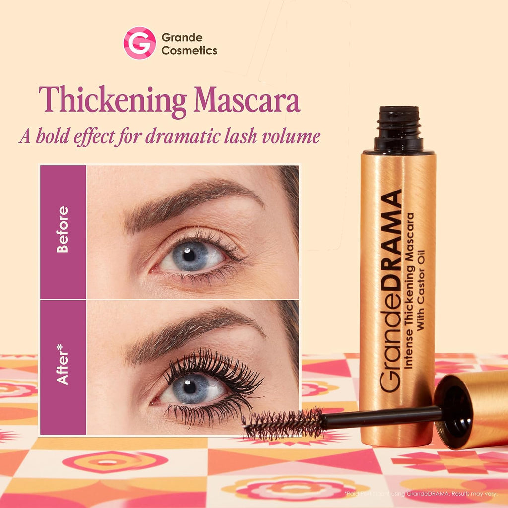 Grande Cosmetics Grandedrama Intense Thickening Black Mascara With Castor Oil, Volumizing, Conditioning, Buildable Formula (0.32 Oz)