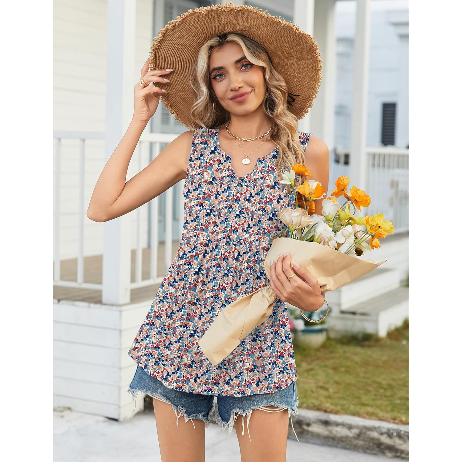 Womens Tank Tops Sleeveless Peplum V Neck Babydoll Casual Flowy Boho Beach Summer Shirts