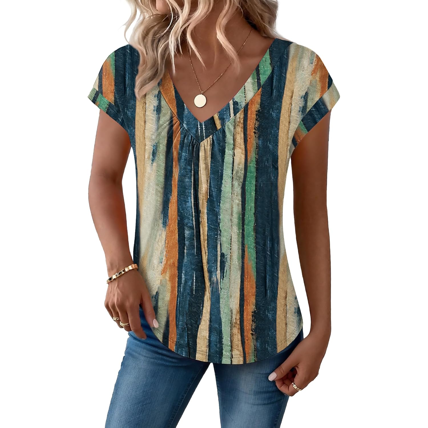 Zeagoo Womens Tops Short Sleeve V Neck Shirts Summer Dressy Casual Business Clothes Work Blouses Fashion Clothing Outfits Cx289 Striped Tie Dye
