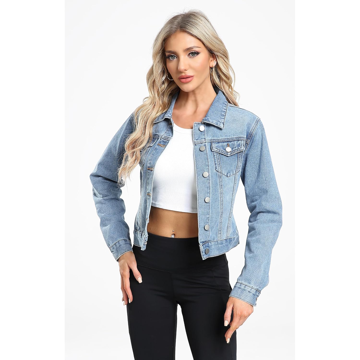Andy & Natalie Women'S Denim Jackets Cropped Long Sleeve Basic Button Down Crop Jean Shacket With Pockets