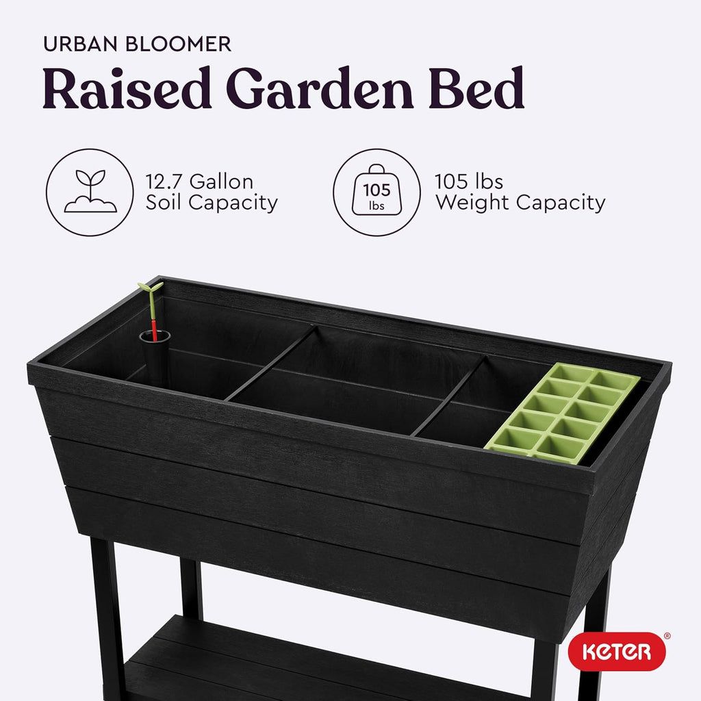 Keter Urban Bloomer 12.7 Gallon Raised Garden Bed And Outdoor Herb Garden Planter With Self Watering Gauge And Drainage Plug, Dark Grey
