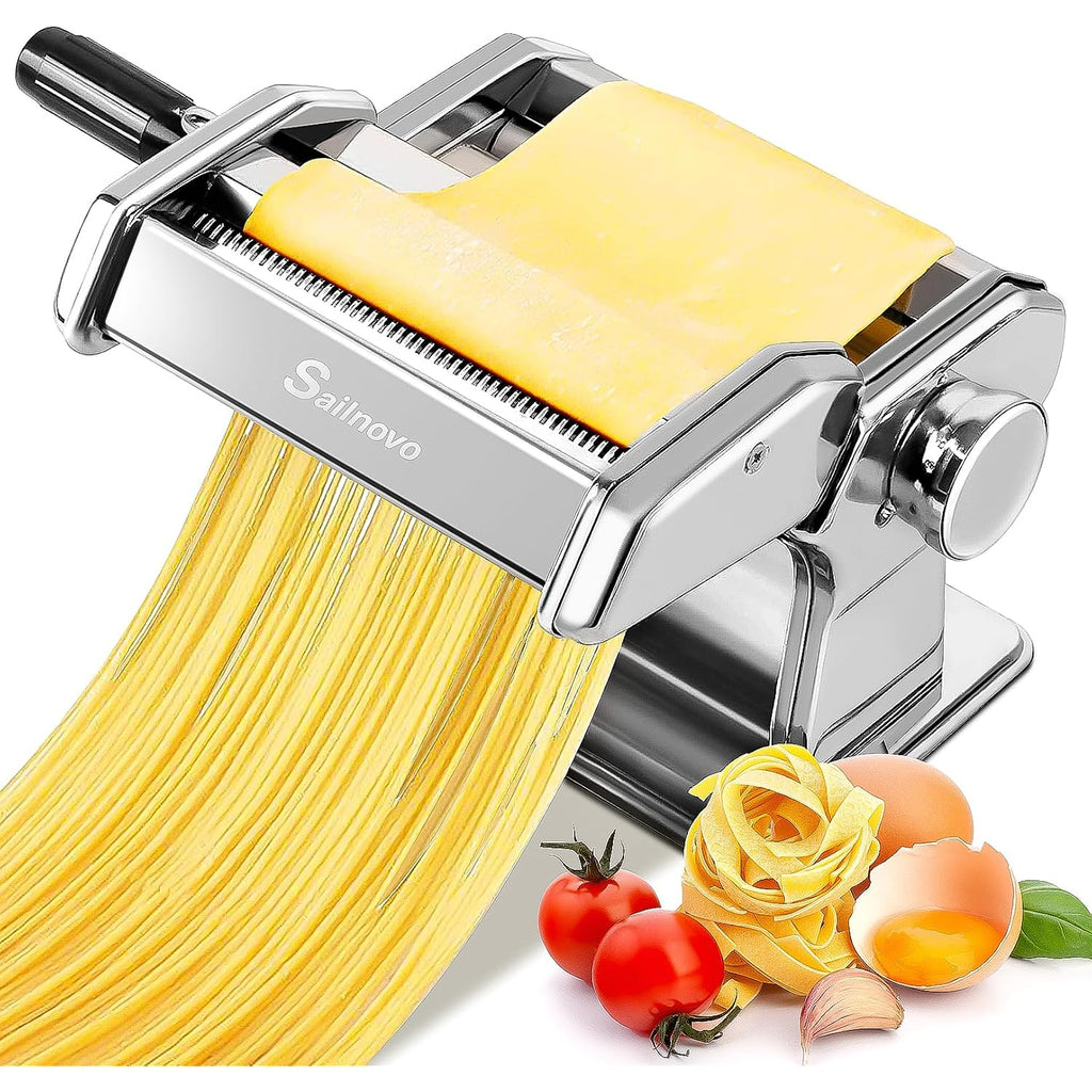 Sailnovo 3 In 1 Pasta Maker Machine - 9 Adjustable Thickness Settings Aluminum Alloy Pasta Roller & 2 Width Cutters For Fresh Spaghetti, Fettuccini, Lasagna, Dumplings - Stainless Steel, Silver