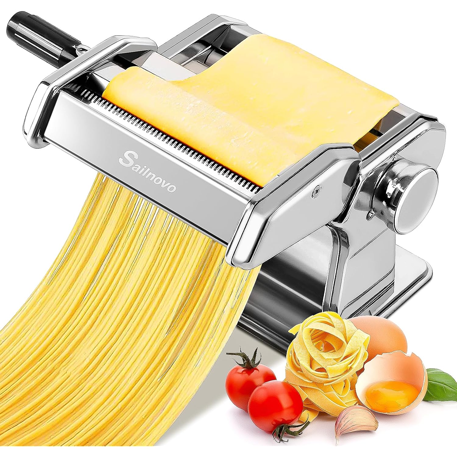 Sailnovo 3 In 1 Pasta Maker Machine - 9 Adjustable Thickness Settings Aluminum Alloy Pasta Roller & 2 Width Cutters For Fresh Spaghetti, Fettuccini, Lasagna, Dumplings - Stainless Steel, Silver