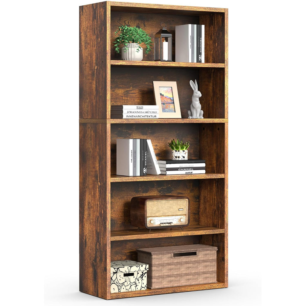 Sweetcrispy Industrial 5 Shelf Bookcase - Large 53 Inch Tall Floor Standing Open Bookshelf For Home Office, Living Room, And Bedroom Storage, Classic White