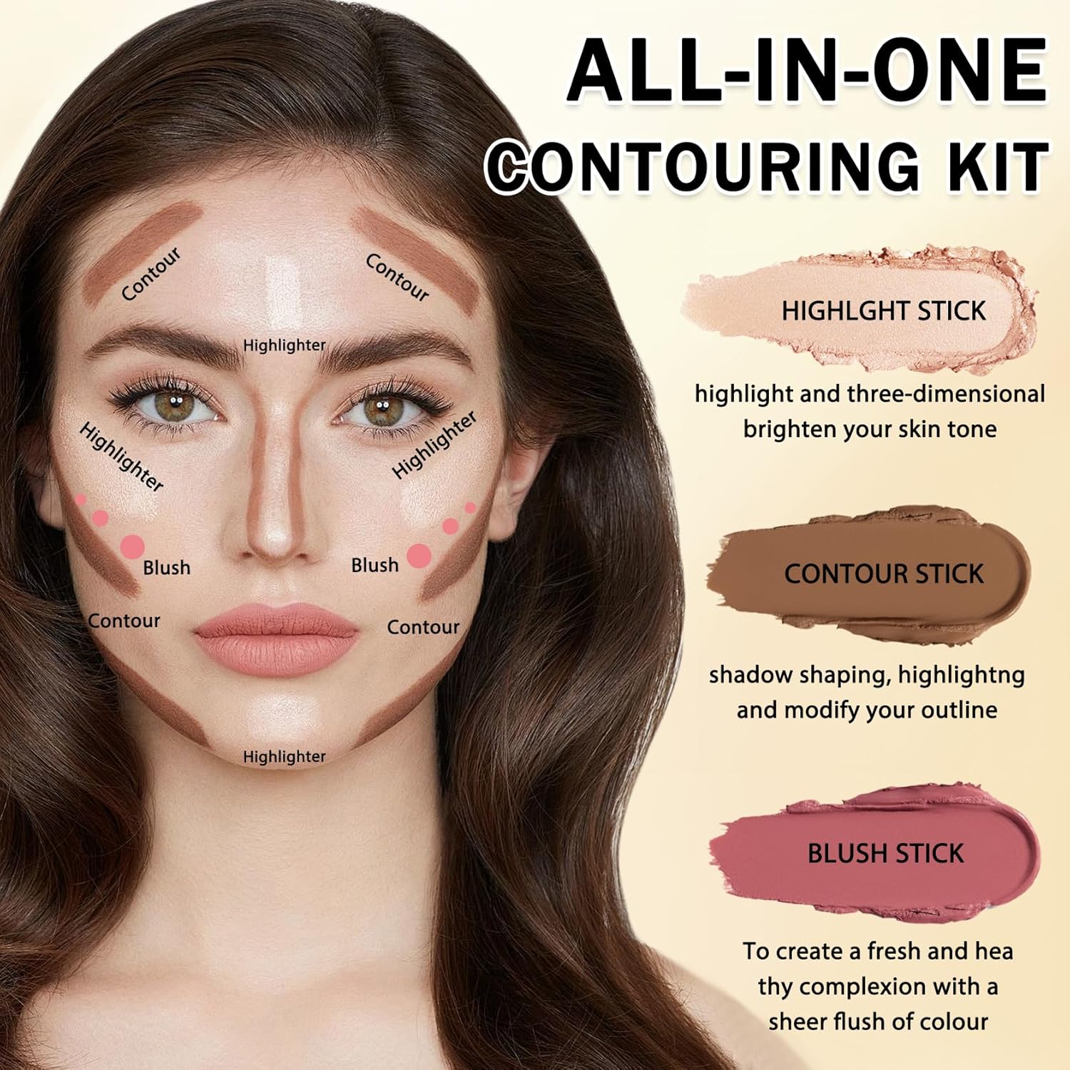 IONSGAKO 6 Colors Cream Contour Stick Makeup Kit, Double-ended Cream Highlighter Stick Bronzer and Blush Stick for Sculpt the Cheeks, Matte & Dewy Finish, Face Contour Kit for Beginners, Set A