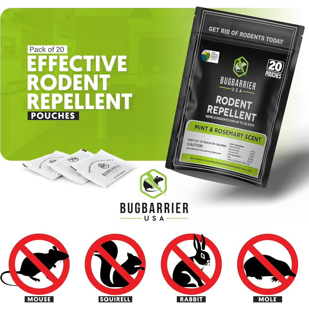 Bugbarrier'S Extra-Strength Mouse Repellent Deterrent Pouches, Usda 99% Biobased, Peppermint & Rosemary Oils Repel Mice Nesting In Car, Rv, Boat, Garage, Shed, Cabin Made In The Usa (Pack Of 20)