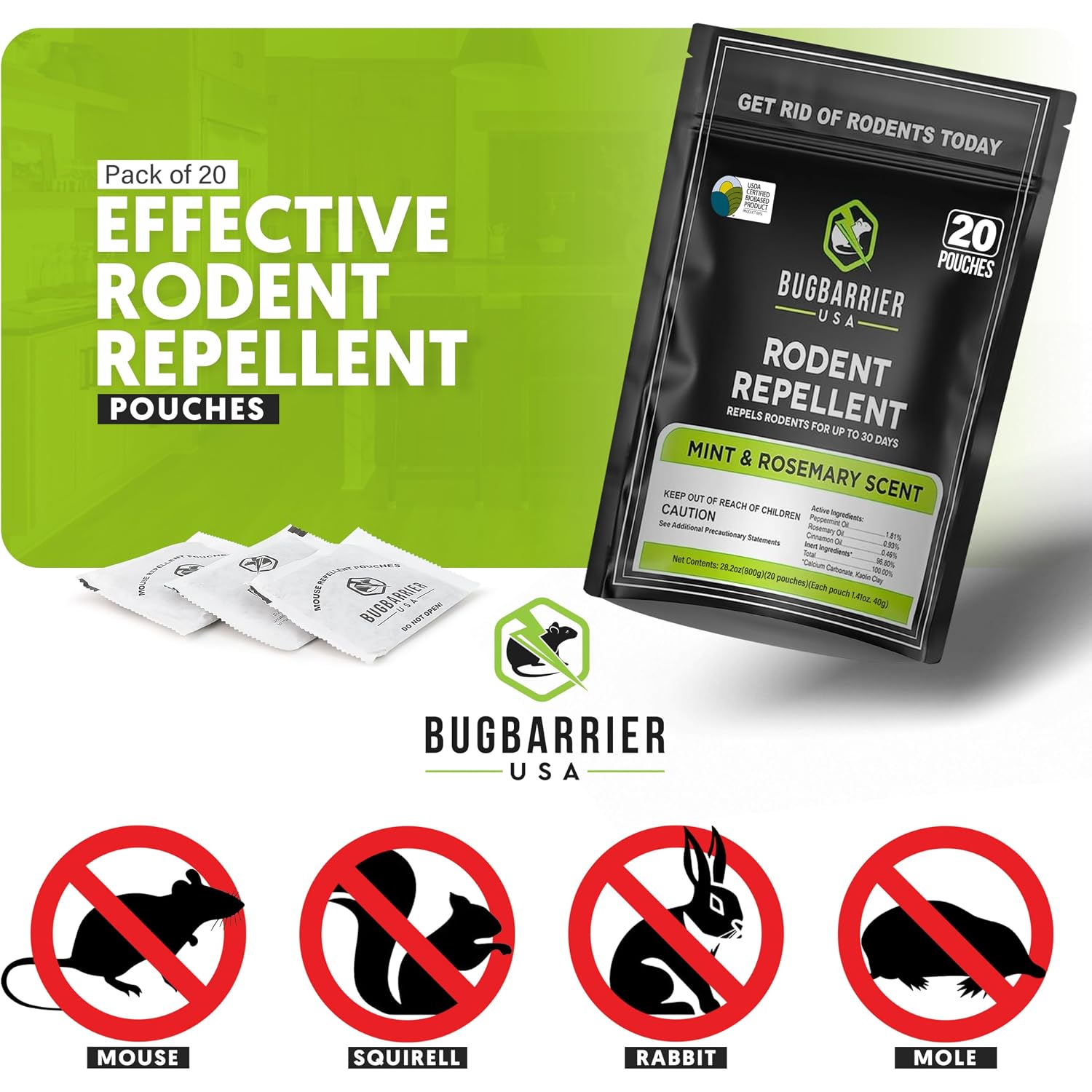 Bugbarrier'S Extra-Strength Mouse Repellent Deterrent Pouches, Usda 99% Biobased, Peppermint & Rosemary Oils Repel Mice Nesting In Car, Rv, Boat, Garage, Shed, Cabin Made In The Usa (Pack Of 20)