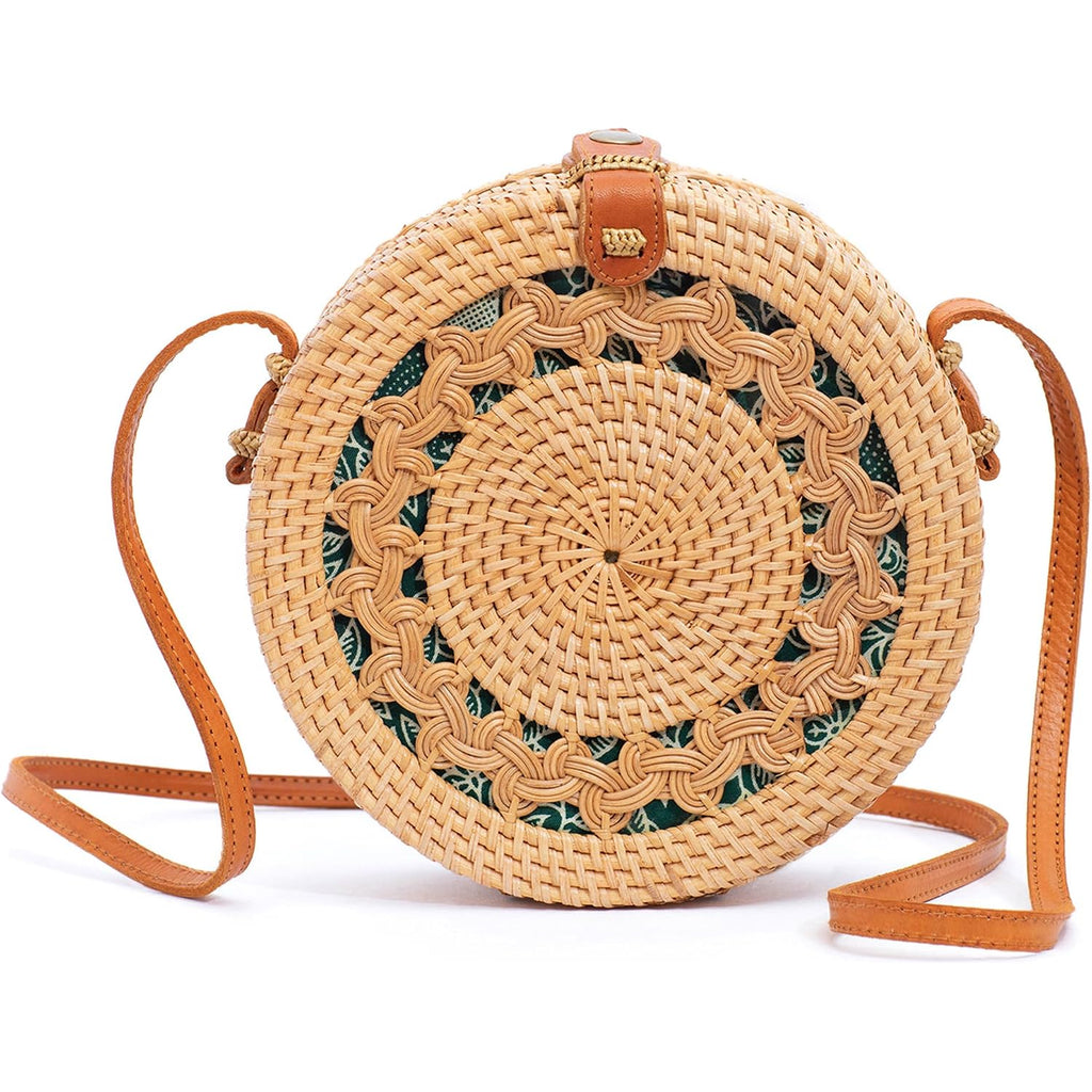 Round Rattan Bag For Women - Handmade Straw Bags - Wicker Purse - Brown White Circle Crossbody Boho Bags