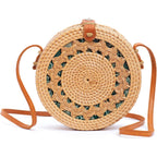 Round Rattan Bag For Women - Handmade Straw Bags - Wicker Purse - Brown White Circle Crossbody Boho Bags