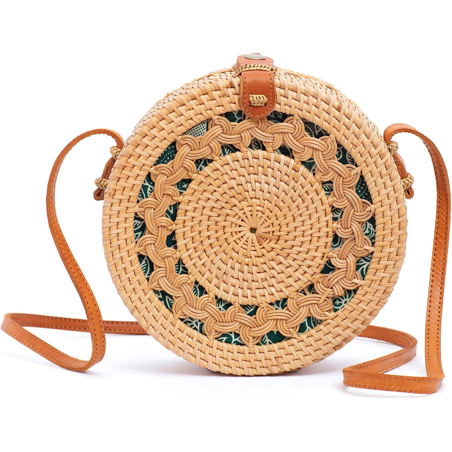 Round Rattan Bag For Women - Handmade Straw Bags - Wicker Purse - Brown White Circle Crossbody Boho Bags