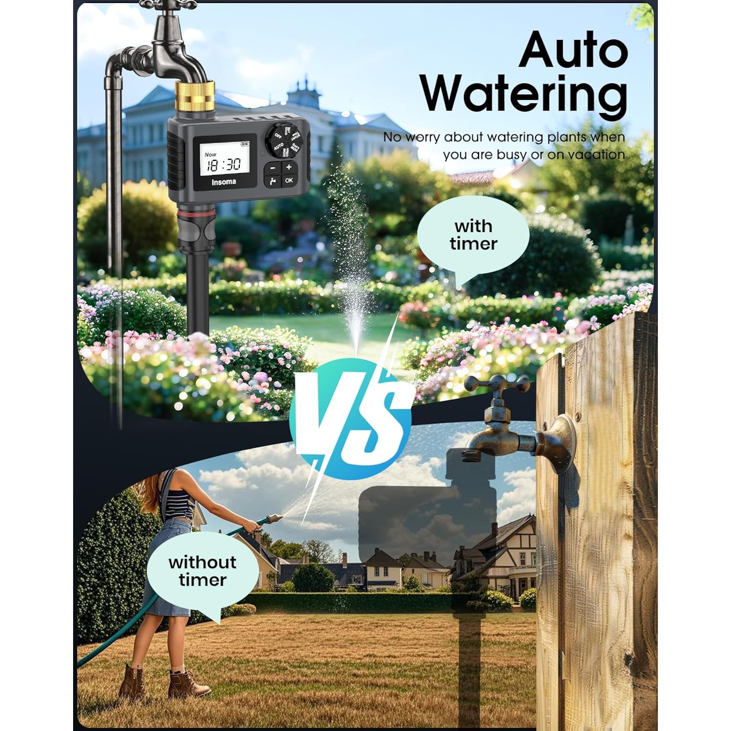 Water Timer For Outdoor Garden Hose, Hose Timer With Rain Delay/Manual Mode, Automatic Drip Irrigation Controller System For Lawn Yard Garden Watering