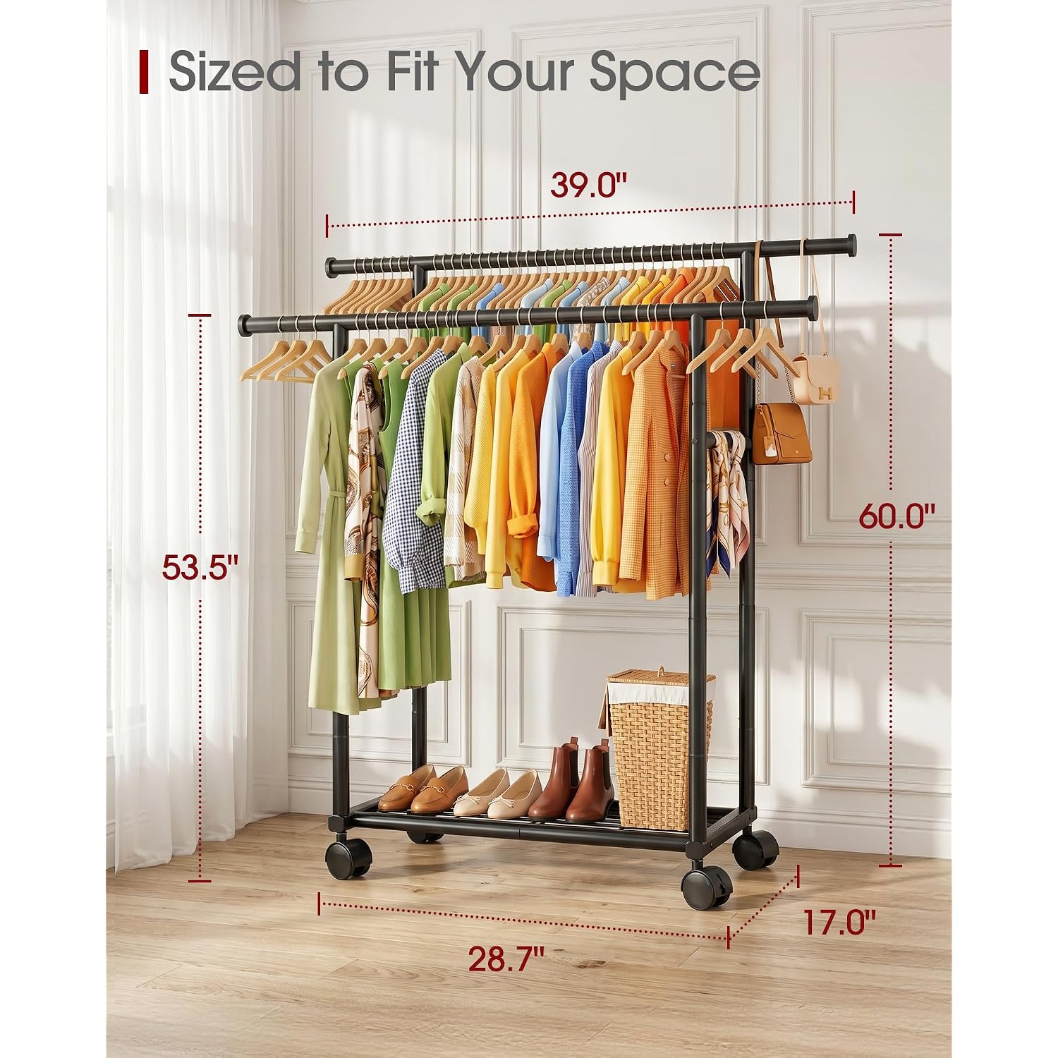 Double Rods Clothes Rack - Metal Clothing Rack With Fixed Double Rods, Rolling Wheels & Built-In Shelf For Closet, Bedroom, Laundry Storage (39" X 17" X 60", Black)