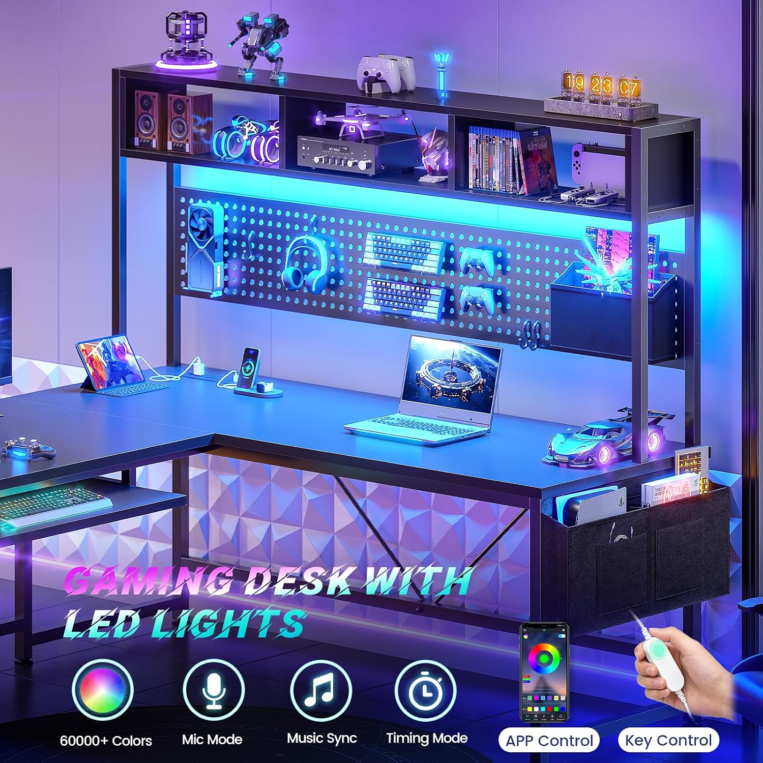 Sedeta L Shaped Gaming Desk, Reversible Computer Desk With Power Outlet And Pegboard, Gaming Desk With Led Lights, Keyboard Tray And Storage Bag For Home Office, Black