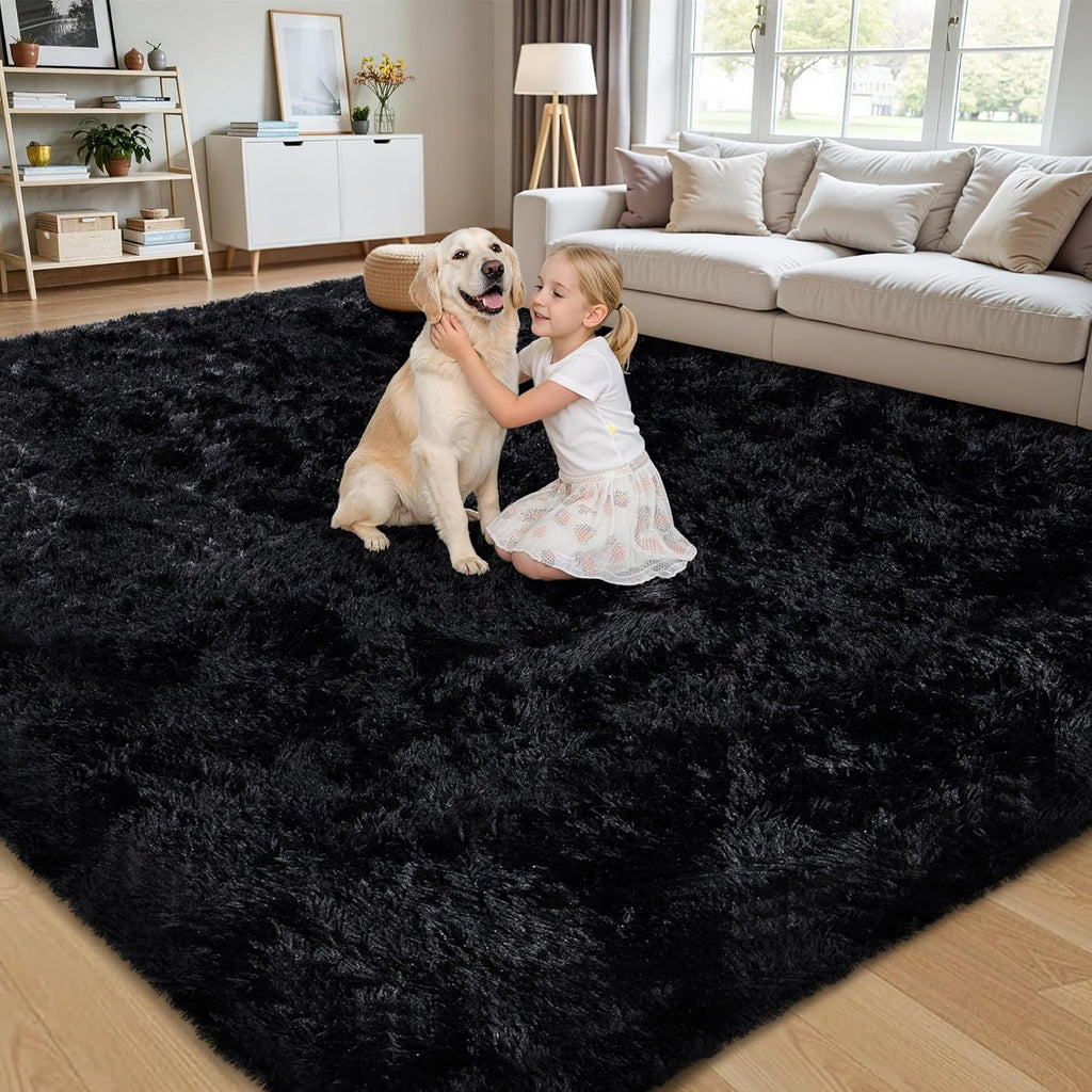 8x10 Area Rug for Living Room:Ultra Soft Fluffy Shag Black Rugs,Large Fuzzy Plush Indoor Non Slip Carpet Washable Rug for Bedroom Kids Nursery Office Dorm Modern Decor(Black)