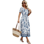 Ofeefan Maxi Dresses For Women V Neck Ladies Midi Long Dress A Line Smocked Waisted Casual Summer Spring Clothes Boho Beach