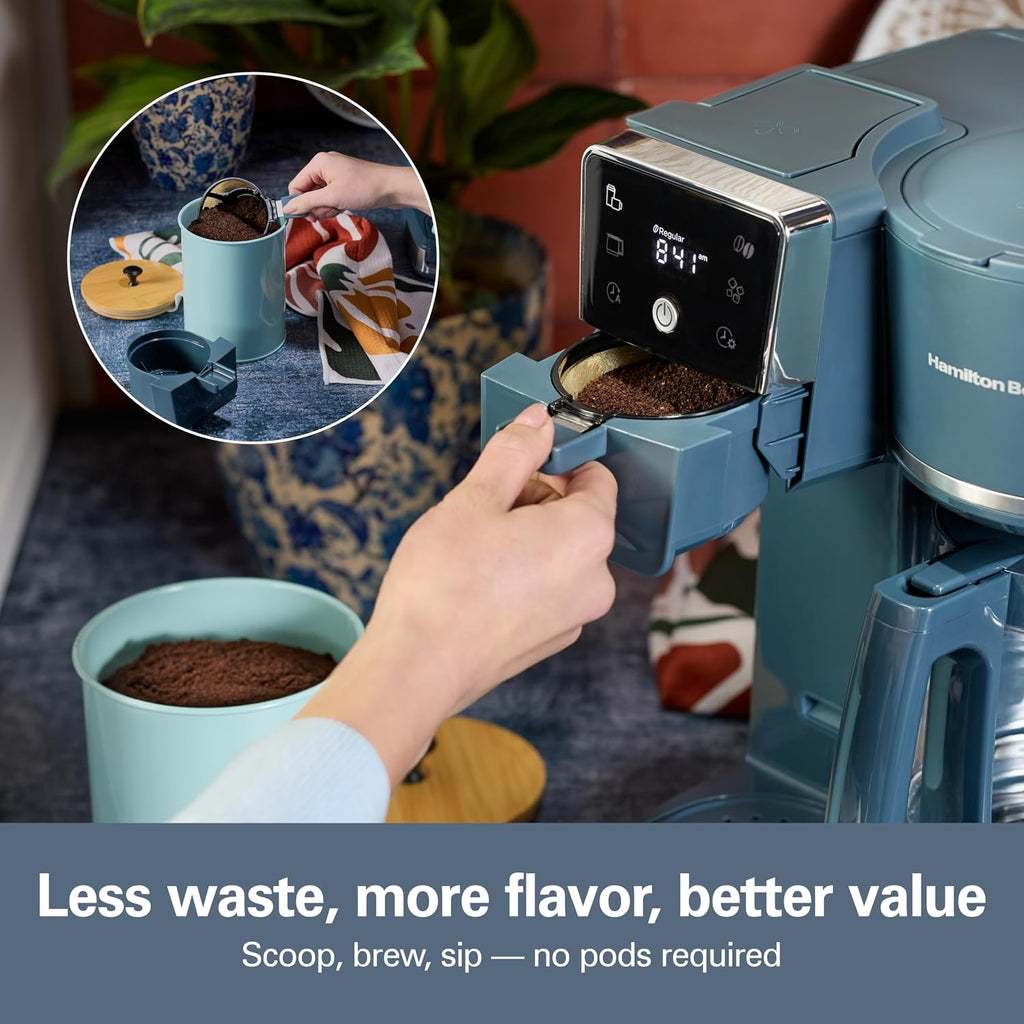 Hamilton Beach 2-Way Drip Coffee Maker & Single Serve Coffee Machine | Hot & Iced Coffee Maker| 12 Cup Glass Carafe| Aquaflow Showerhead | Auto Pause & Pour | Kitchen Makeover Blue |47502J