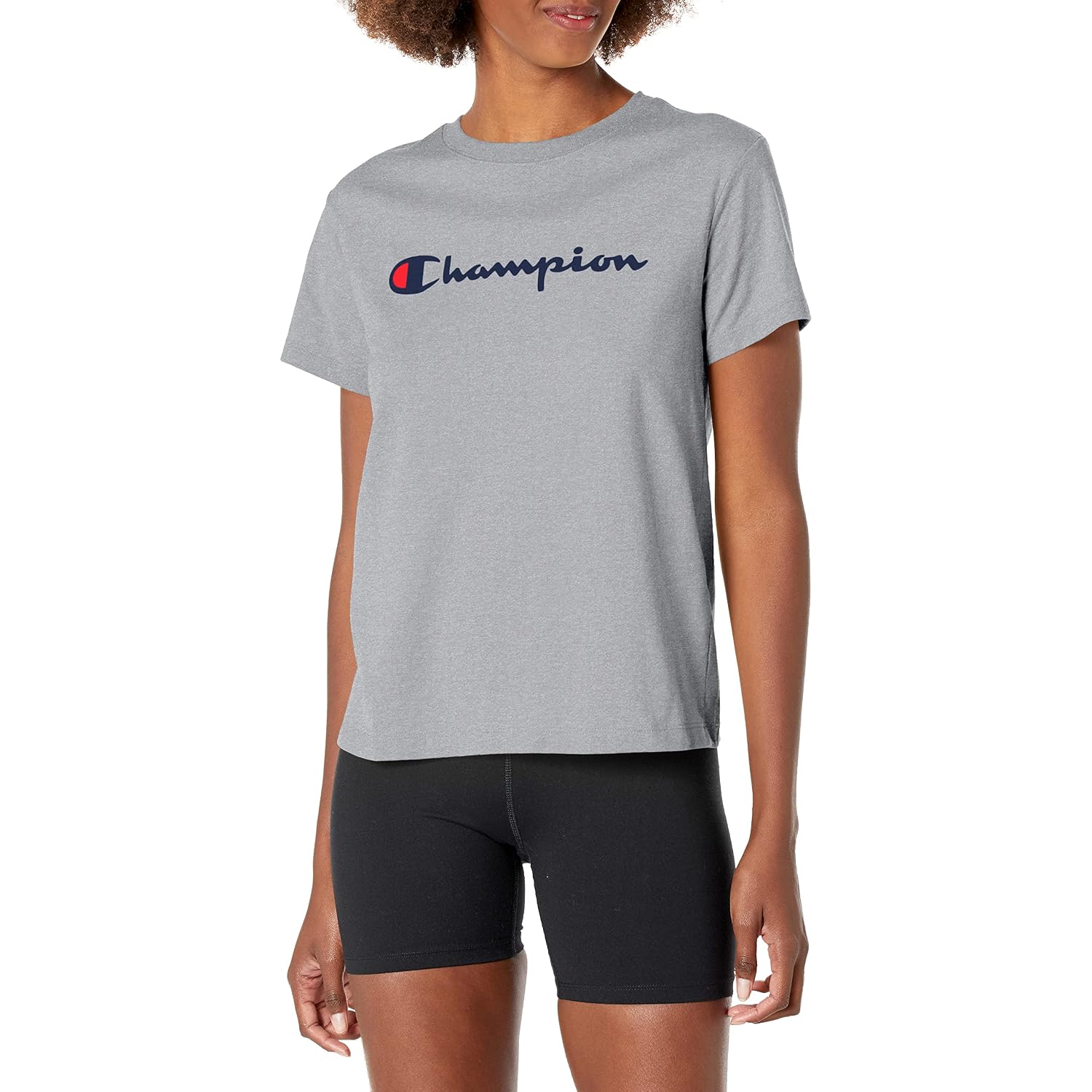 Champion Women’s Classic Short Sleeve Graphic T-Shirt, Standard Fit, Script Logo Oxford Gray - Classic Script Logo