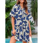 Wenrine Women'S Summer Button Down Shirt Dress Floral Puff Short Sleeve Casual Loose Fit Beach Mini Dresses