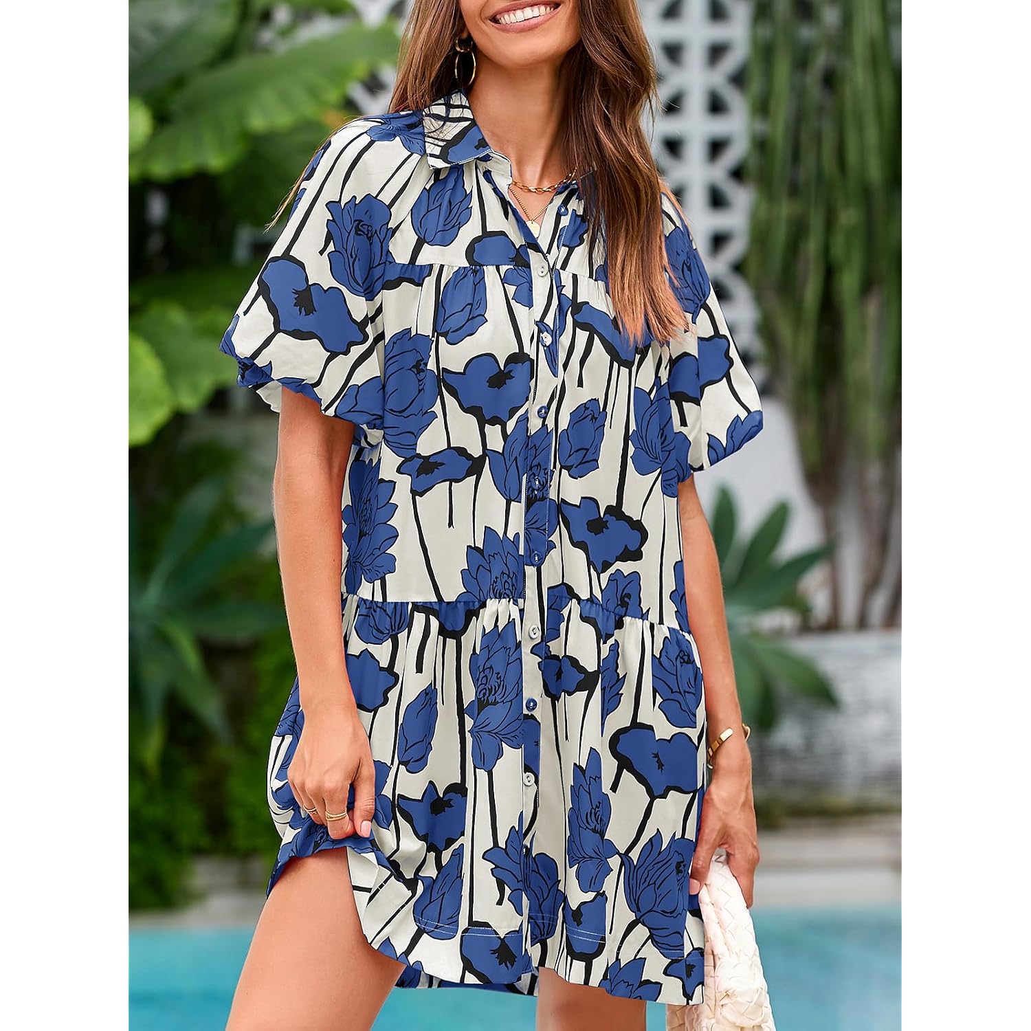 Wenrine Women'S Summer Button Down Shirt Dress Floral Puff Short Sleeve Casual Loose Fit Beach Mini Dresses