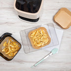 Restaurantware-Pastry Tek 6.3 x 6.3 x 1.8 Inch Air Fryer Liners, 100 Square Air Fryer Baskets - No-Stick Silicone Coating, Unbleached, Food-Grade Paper Liners, For Steamer, Microwave, Oven, Fry Pan