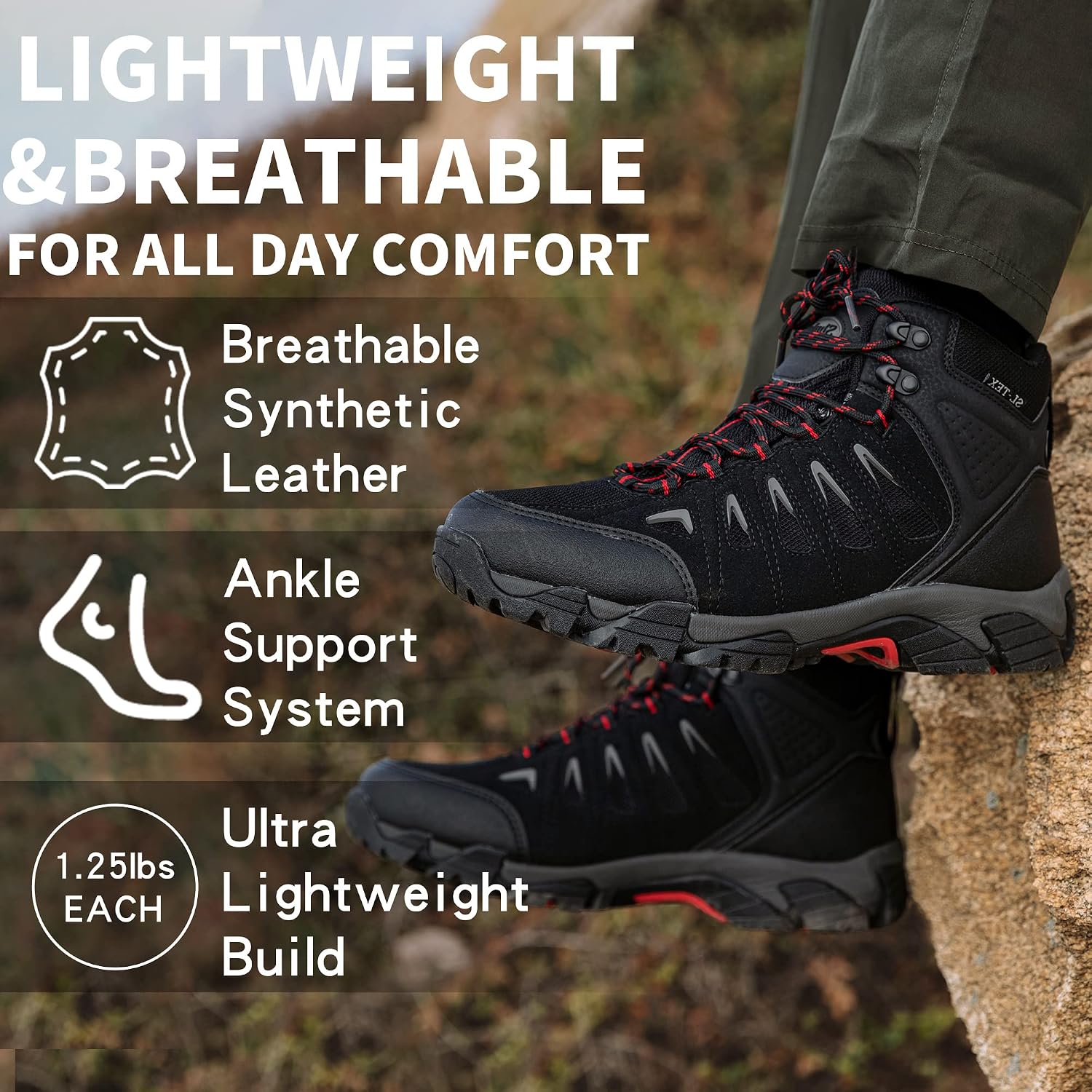 Men'S Waterproof Hiking Boots Non-Slip Lightweight Mid Top Ankle Boot Breathable Hiker Trekking Shoes