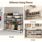 3-Tier Long Shoe Rack For Closet Metal Shoe Organizer For Entryway, Wide Stackable Shoe Storage Shelf With Sturdy Wire Grid For Closet Floor, Bedroom, Black