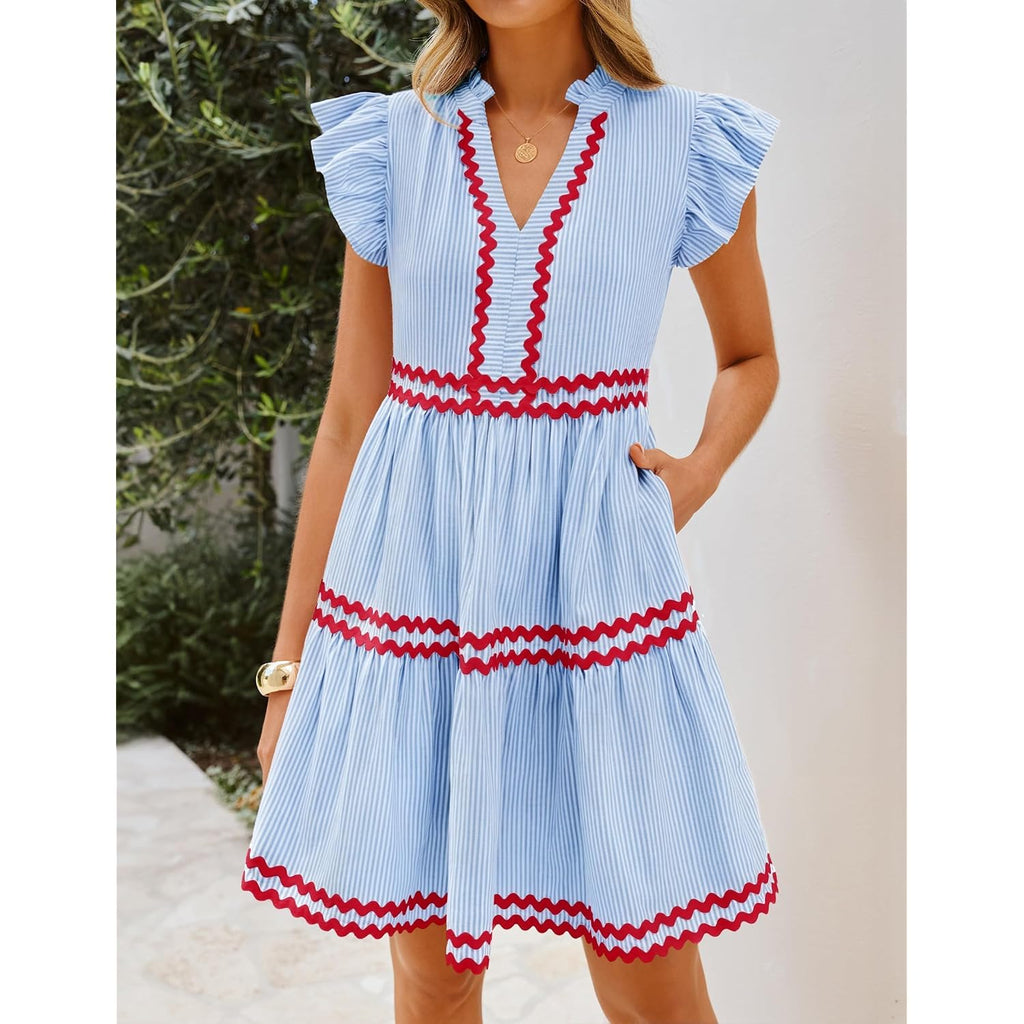 Zesica Women'S Summer Casual Mini Dress 2026 V Neck Flutter Short Sleeve Striped Ruffle A Line Beach Vacation Dresses