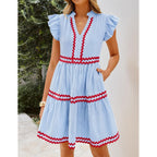 Zesica Women'S Summer Casual Mini Dress 2026 V Neck Flutter Short Sleeve Striped Ruffle A Line Beach Vacation Dresses