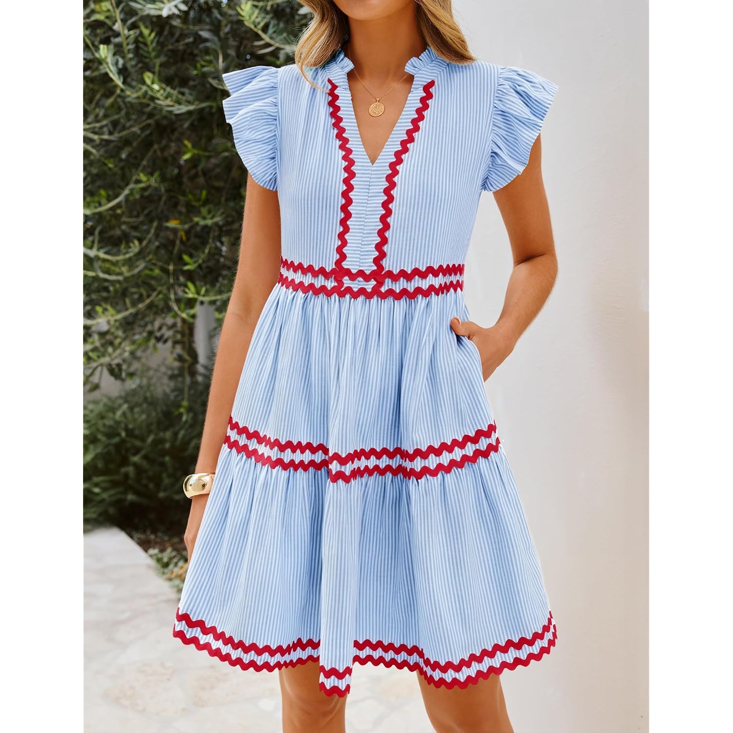 Zesica Women'S Summer Casual Mini Dress 2026 V Neck Flutter Short Sleeve Striped Ruffle A Line Beach Vacation Dresses
