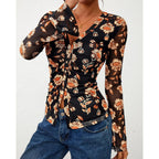 Button Down Shirts for Women 2026 Spring Boho Tops V Neck Long Sleeve Blouses Ruched Mesh Fitted Fashion Clothing