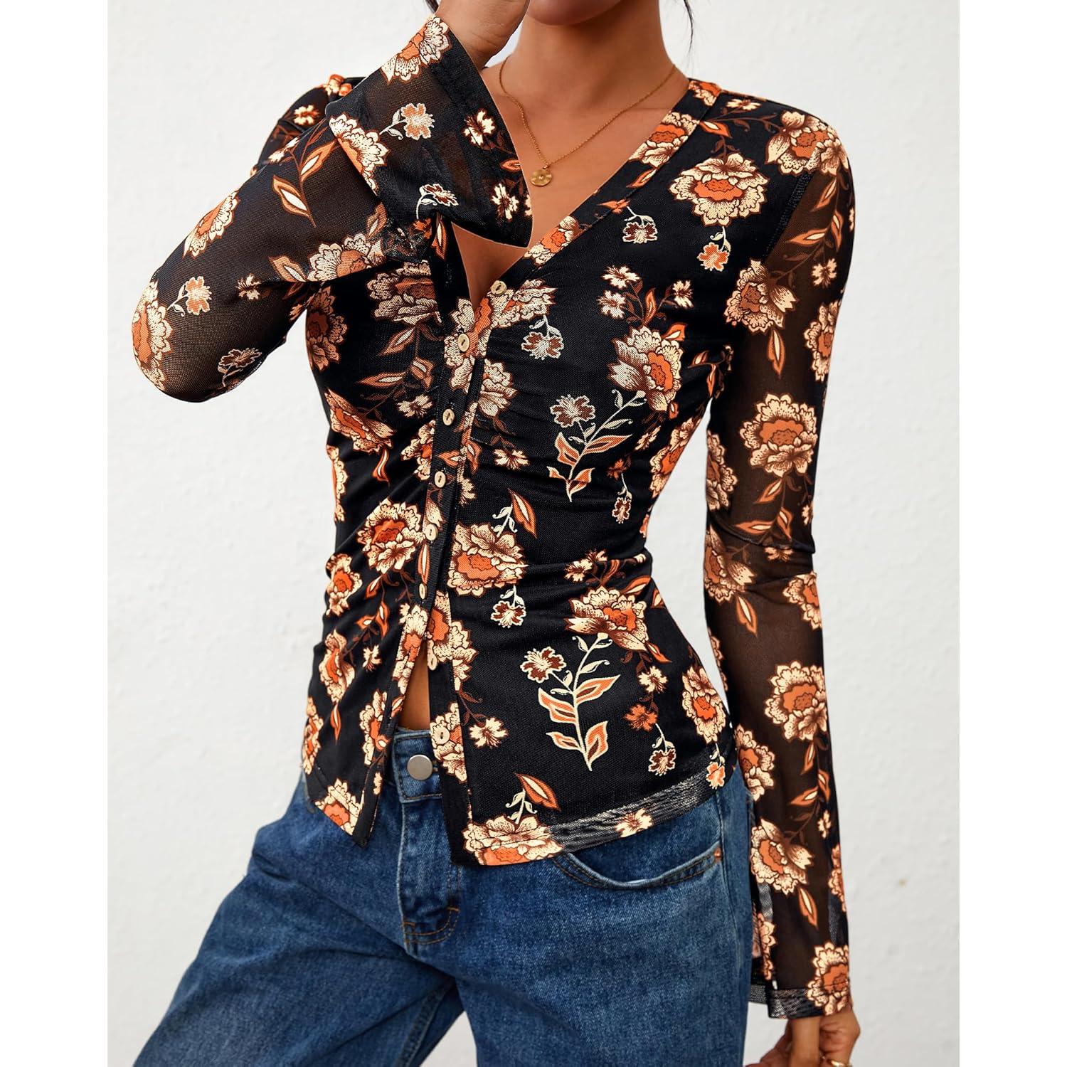 Button Down Shirts for Women 2026 Spring Boho Tops V Neck Long Sleeve Blouses Ruched Mesh Fitted Fashion Clothing