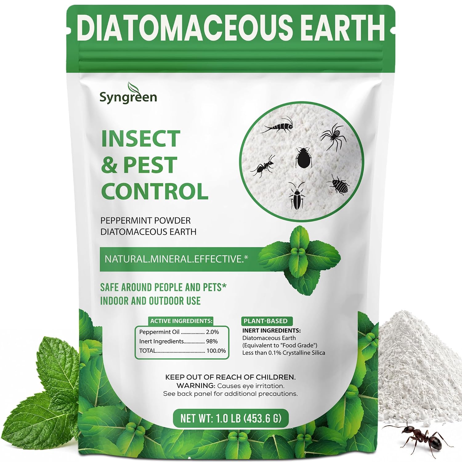 Diatomaceous Earth Food Grade Powder With Peppermint - Crawling Insect Killer For Bed Bugs, Roaches, Ants, Fleas - Indoor & Outdoor Pest Control | Family & Pet Safe | 1 Lb