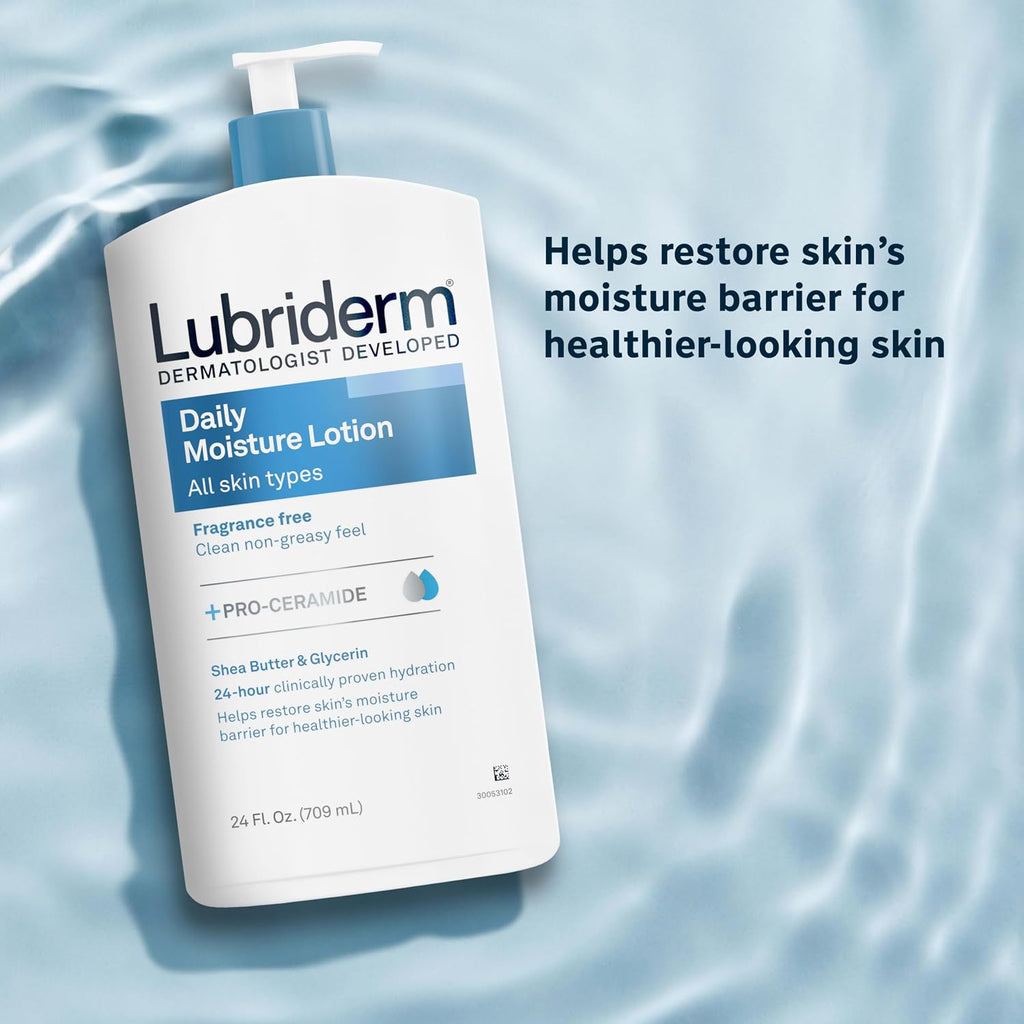 Lubriderm Fragrance Free Daily Moisture Body Lotion + Pro-Ceramide, Unscented Lotion, Body Lotion For Dry Skin, Shea Butter, Glycerin, Non-Greasy 24-Hour Moisturizer, Paraben & Dye Free, 24 Fl Oz
