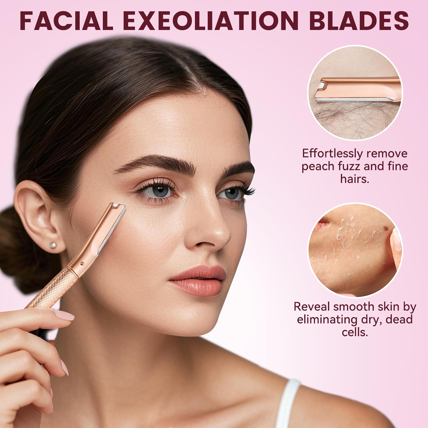 Eyebrow Razor-Face Razors for Women-Dermaplaning Tool for Face Exfoliation & Peach Fuzz with 12 Refill Blades-Facial Dermaplane Razors Shaver-Rose Gold
