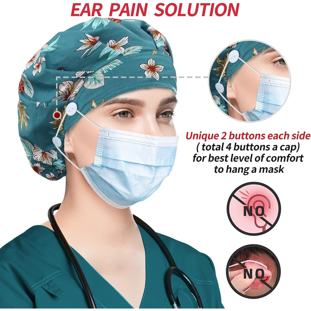 Bouffant Caps With Button And Sweatband, Adjustable Scrub Caps For Women Men, One Size Multi Color